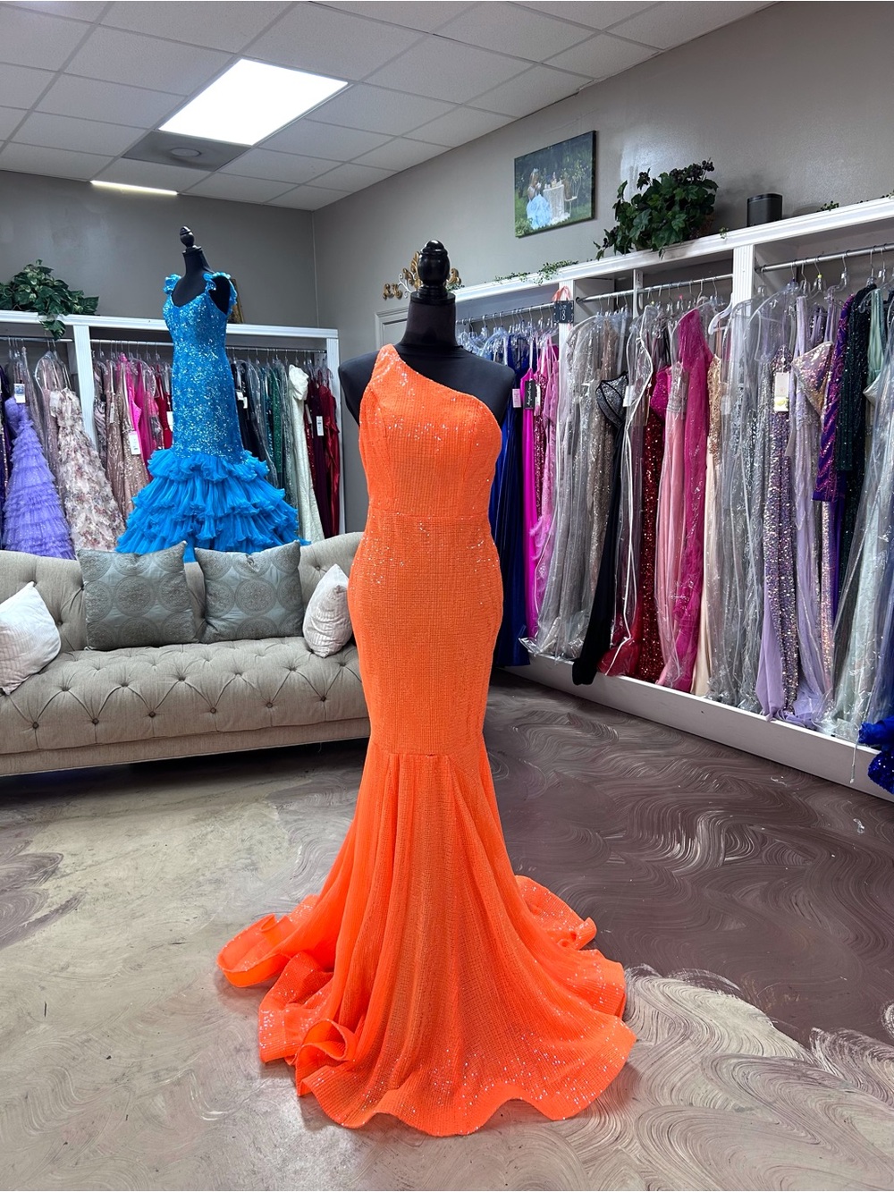 Portia and Scarlett One-Shoulder Neon Orange Mermaid Gown